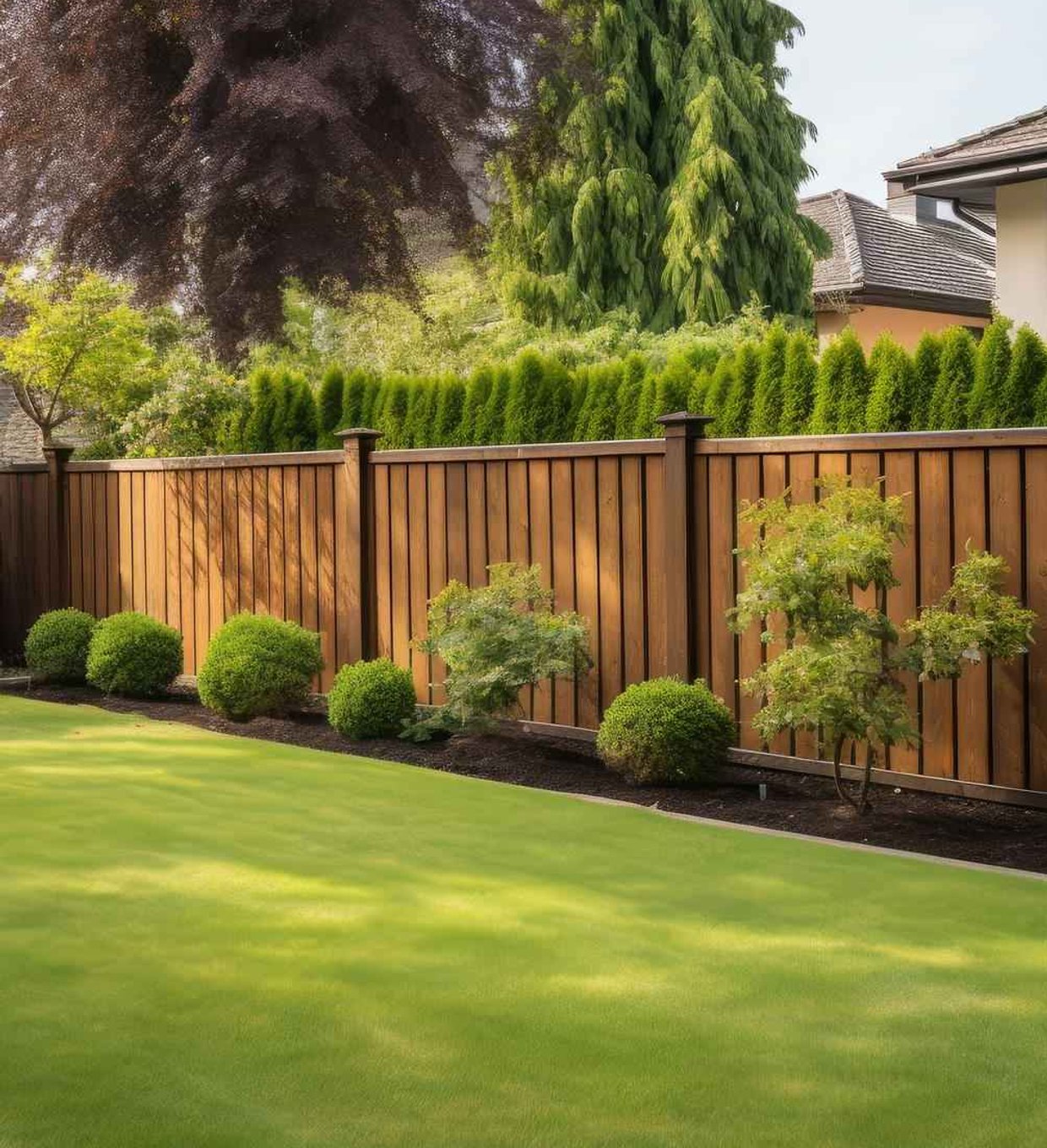 Freshly mowed backyard lawn with neatly trimmed hedges and wooden fence