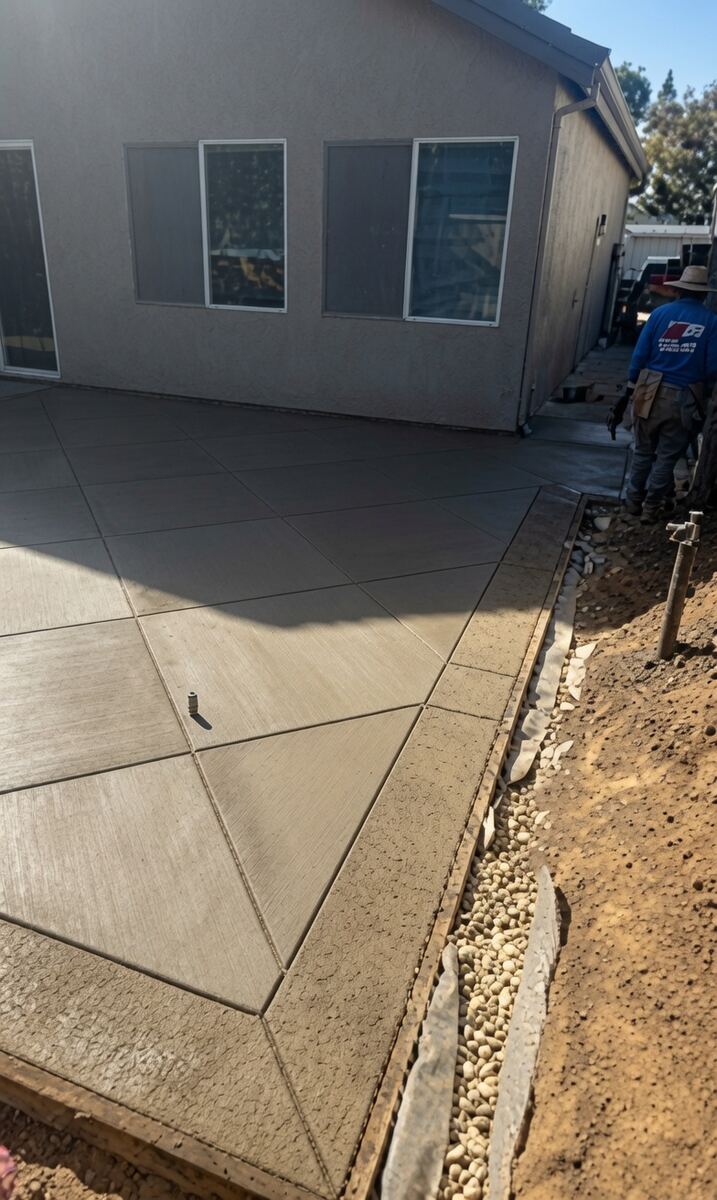 Decorative concrete patio with diamond scoring and border, Sacramento area