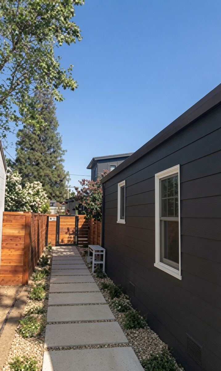Paver walkway with gravel joints along side yard