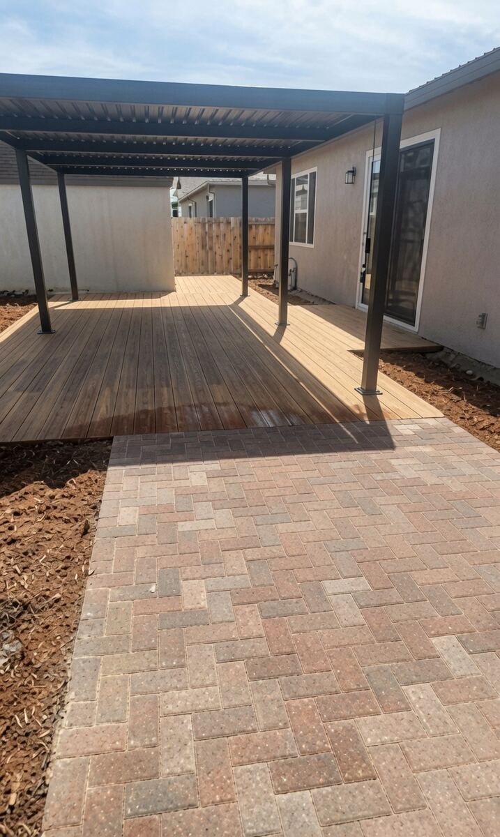 Brick paver patio with pergola and composite deck