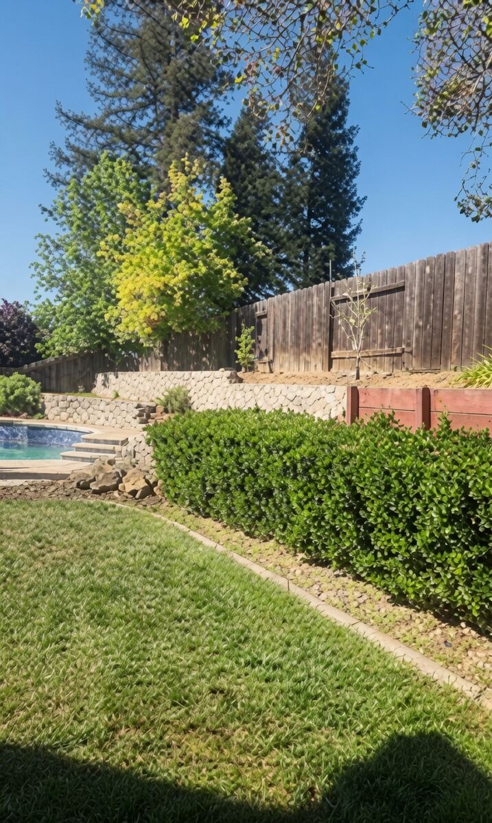 Remodeled backyard with pool, hedges and rock retaining wall