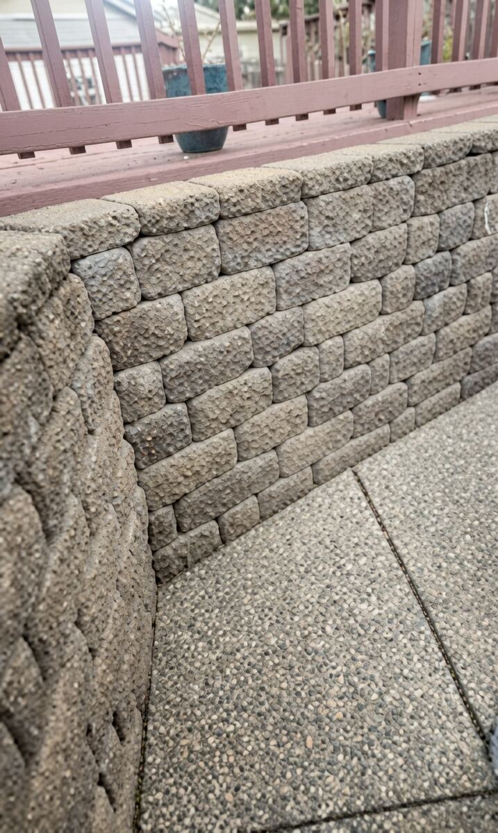 Block retaining wall beside deck with aggregate concrete