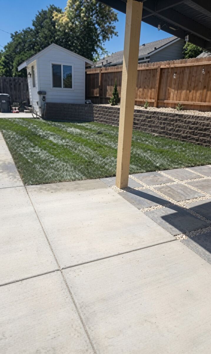 New sod rows with concrete patio and retaining wall