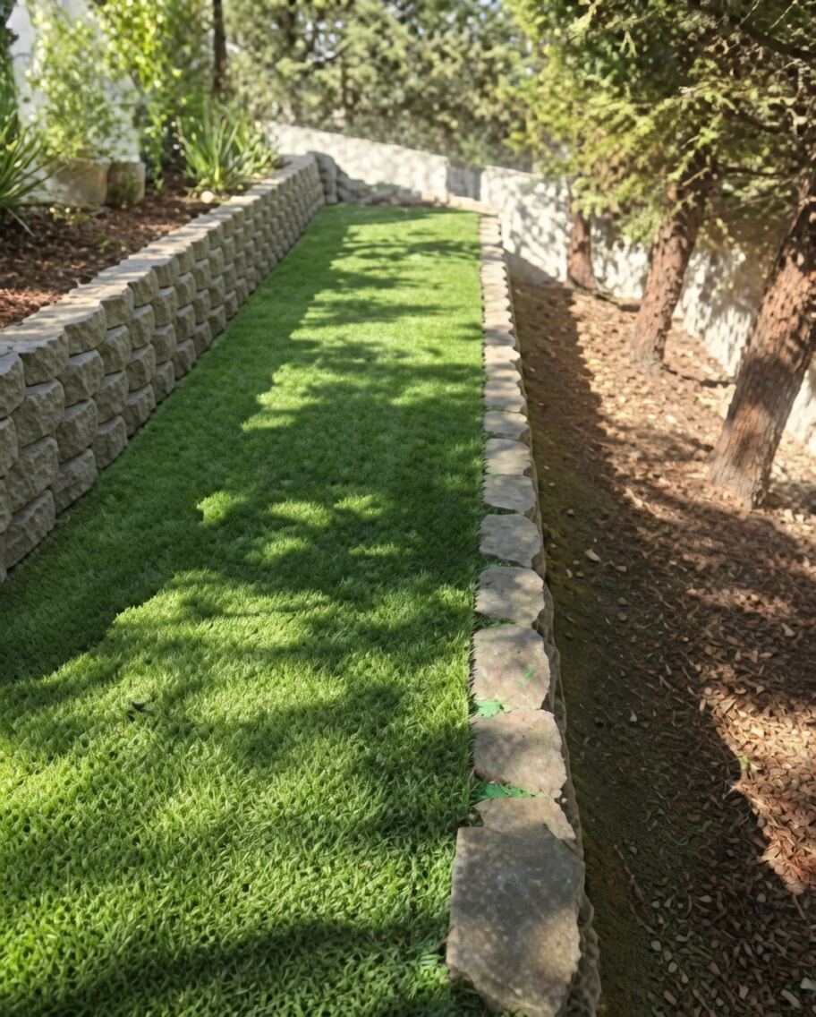 Artificial turf strip with stone edging and retaining wall